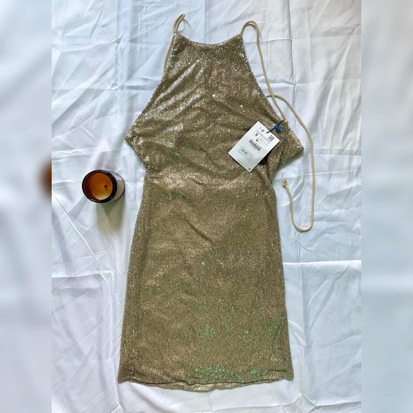 New Zara Gold Sequins Sleeveless Minidress - Picture 1 of 2